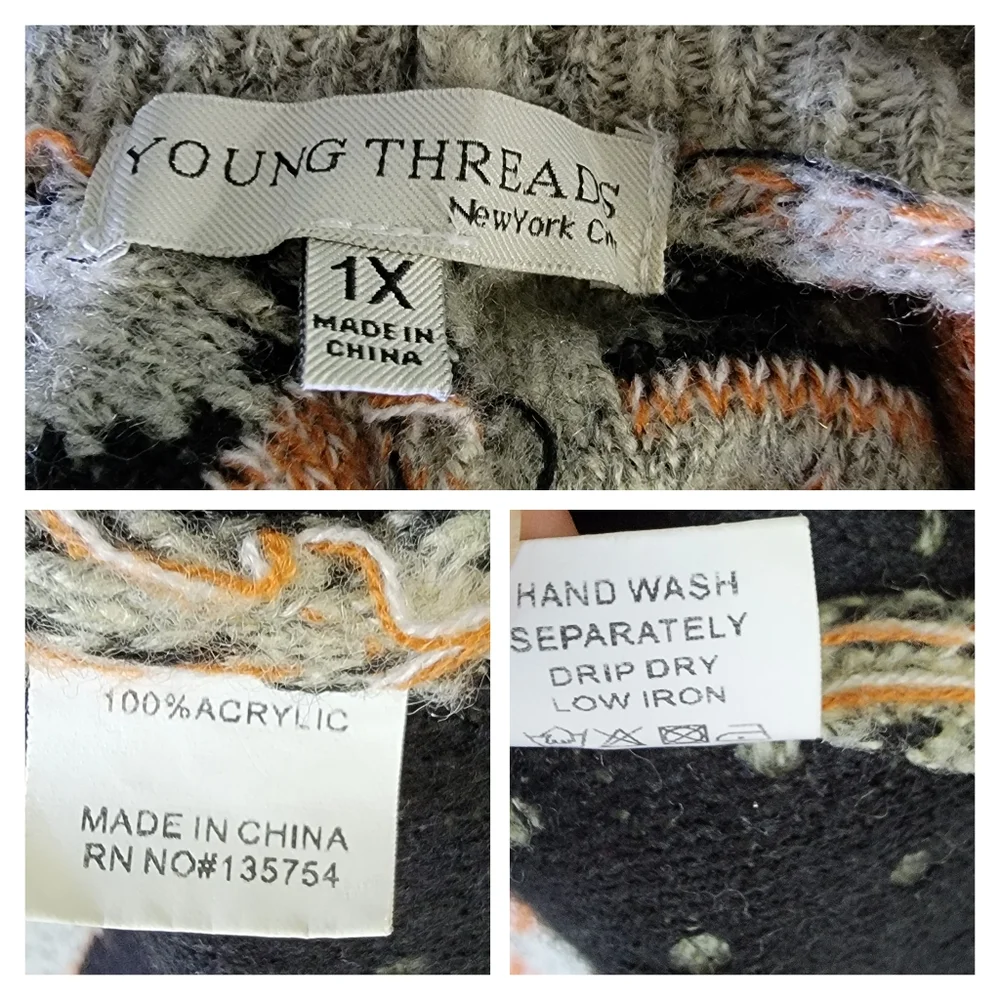 YOUNG THREADS NY Women's Gray/Black/Orange Fall/Winter Poncho Size 1X Tribal - Picture 7 of 8